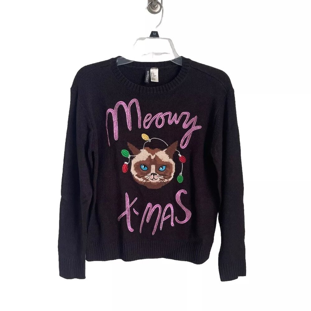 Divided Black Embroidered Meowy Christmas Cat Sweater Women's